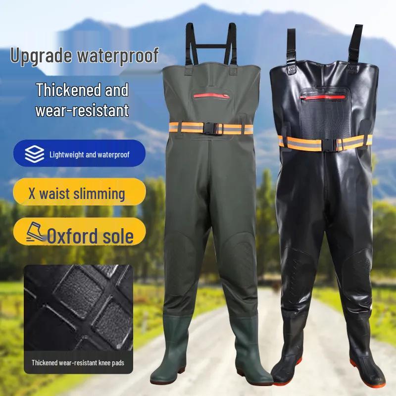 Men's One-Piece Full-Body Fishing Waders with Boots - Waterproof Rain Pants and Jacket Set
