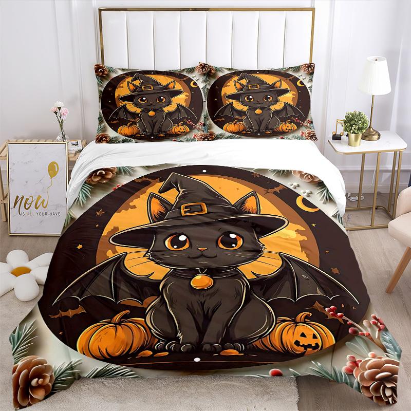Zestaw pościeli z nadrukiem 3 szt. Straszny Czarny Kot w Kapeluszu Czarownicy ze Skrzydłami Nietoperza, Miękka i Wygodna Poszewka na Kołdrę do Sypialni, Pokoju Gościnnego (1 poszewka na kołdrę