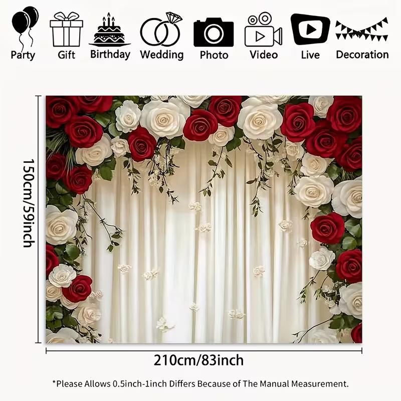 2D Red & White Rose Backdrop Cream Curtain Wedding Ceremony Background