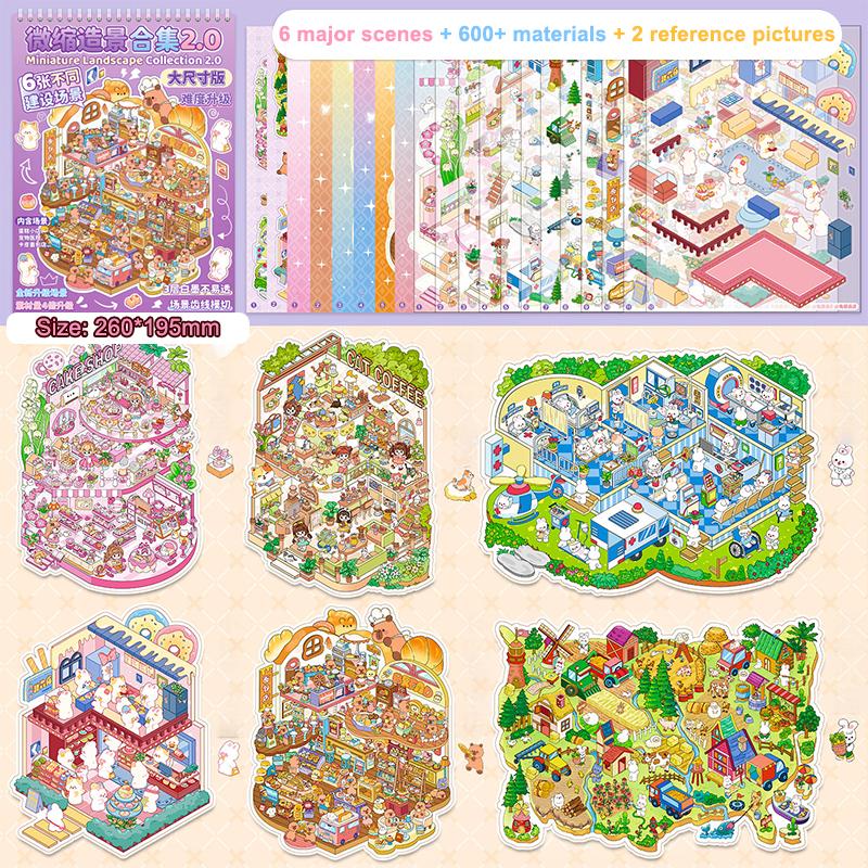 1Set Plus Size Cartoon Scenes Book Landscape Sticker Diy Toy Game Books 3D Sticker Cabin Scene Pocket Festival Birthday Gift