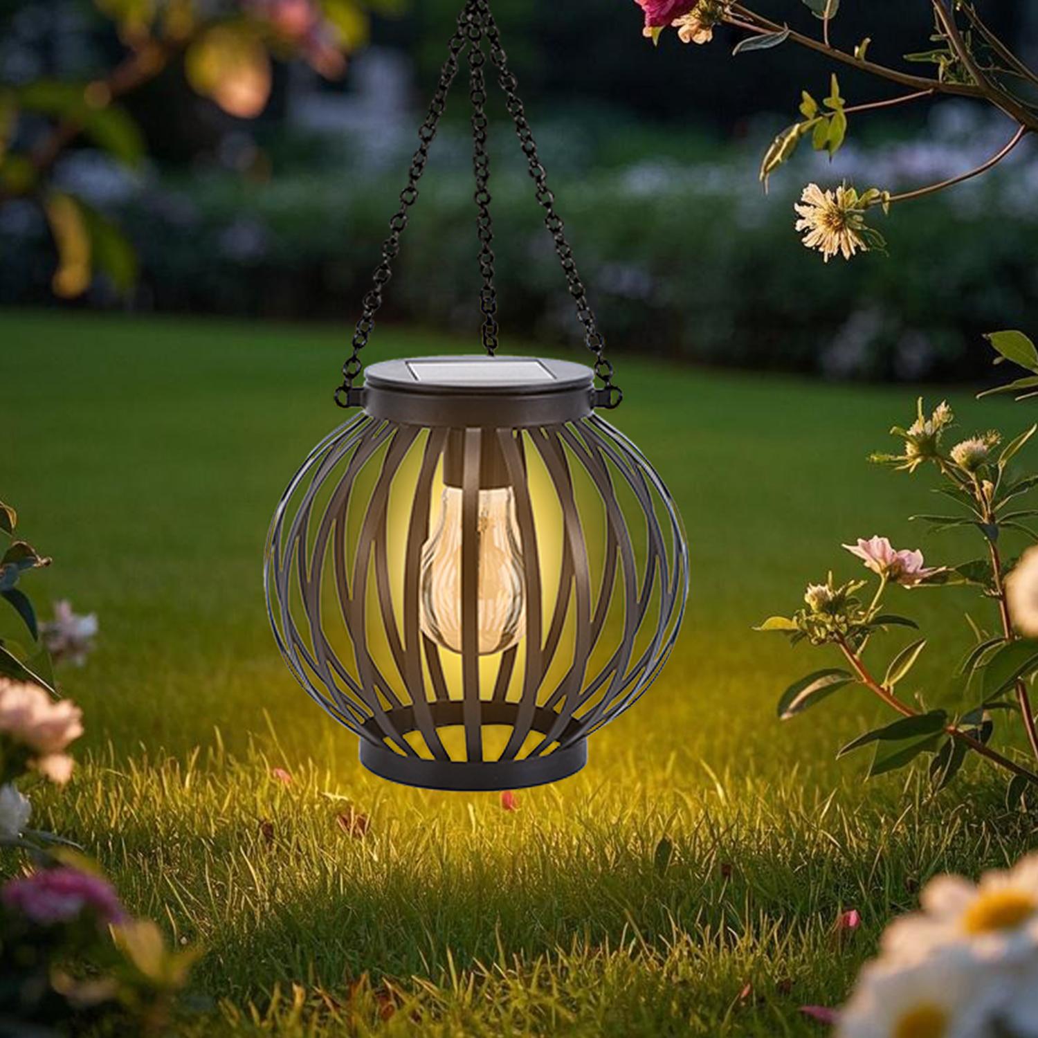 

Solar-Powered Hanging Iron Lantern Light with Bulb for Outdoor Garden Patio Lawn Walkway Decorations 0-5W