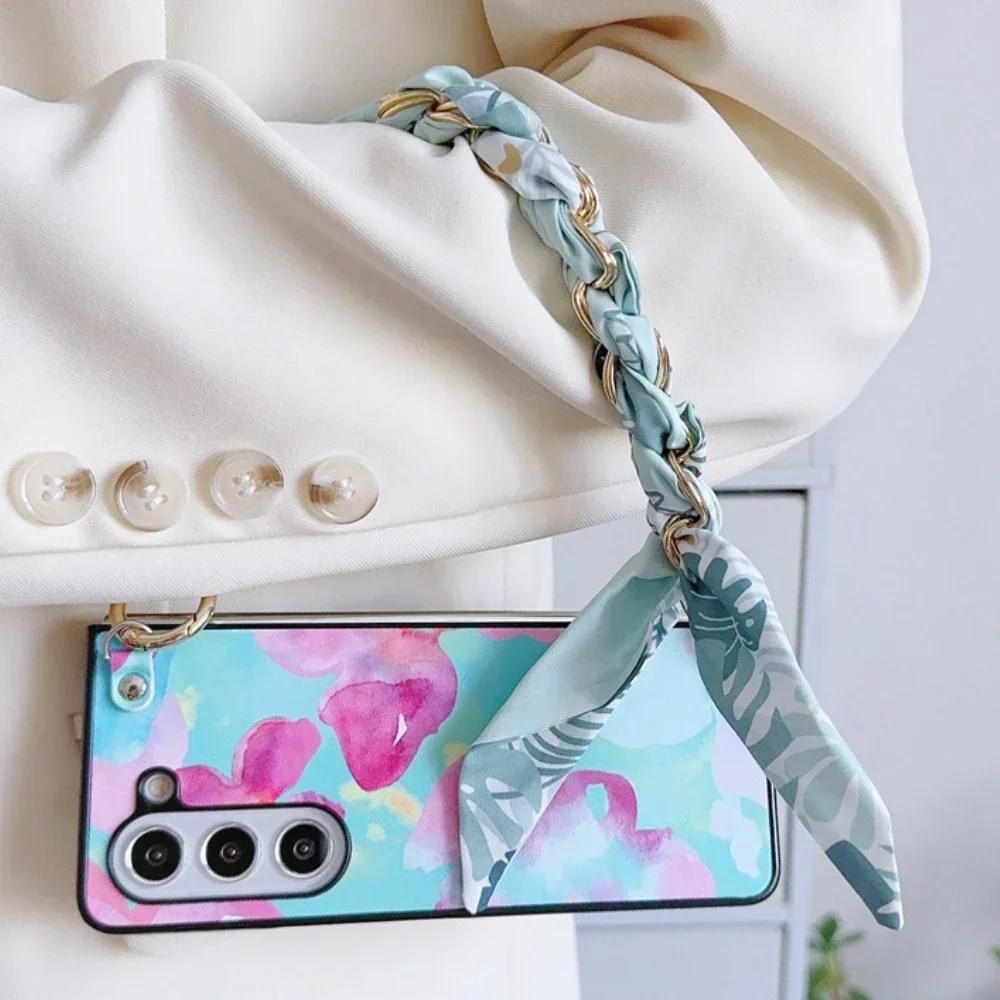 Cute Blooming PU Leather Cover with Scarf Handbag Style Chain Wrist Strap For Samsung Galaxy Z Fold 6 5 4 3 5G Hard Phone Case