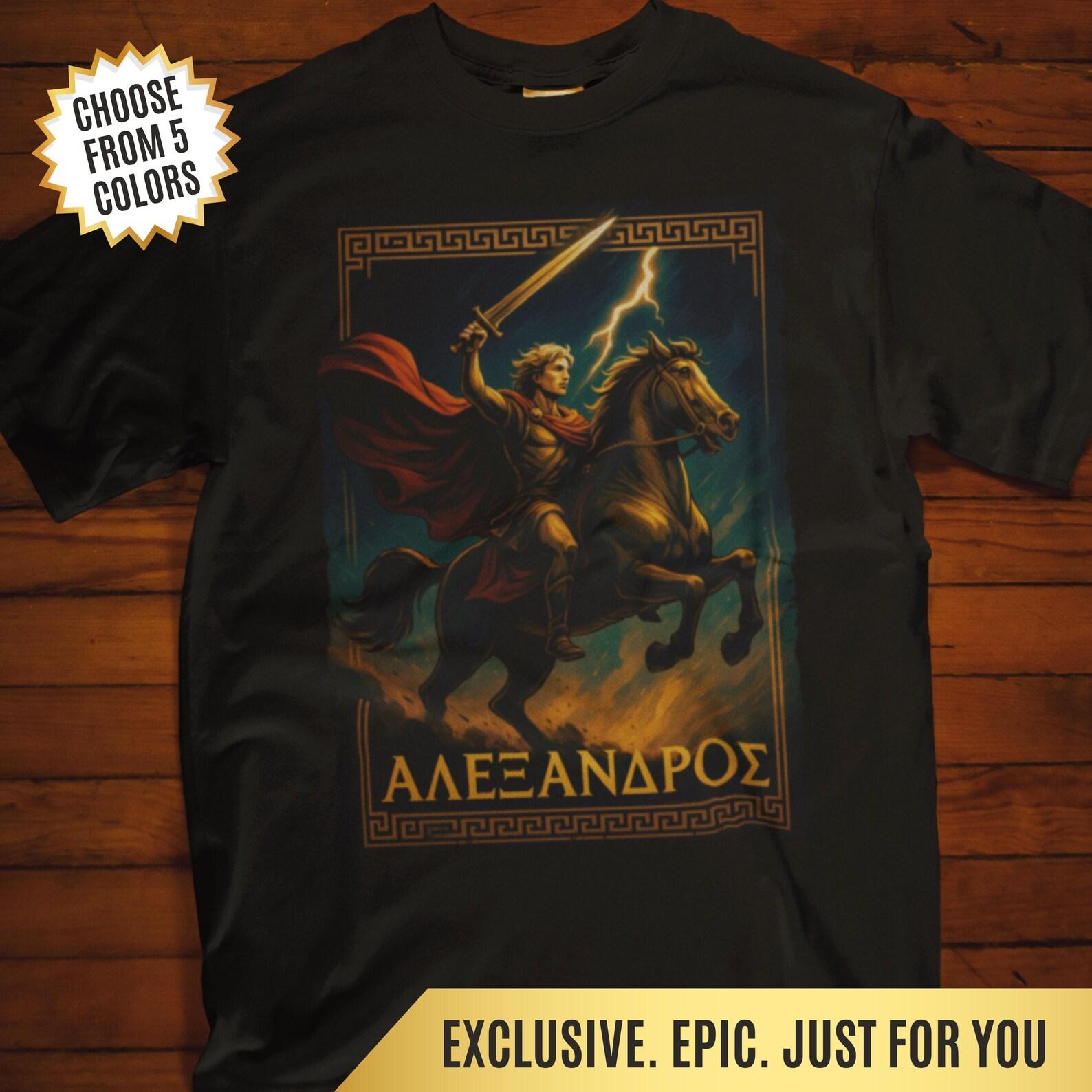 Alexander the Great T-Shirt Epic Greek Warrior Riding Bucephalus, Ancient Heroic Legend Tee, Gift for History Lovers, Greek History Shirt 2XL