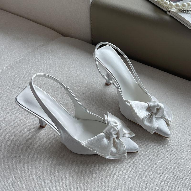 

Silk Butterfly-Knot Women High Heels Pumps Shoes Slingbacks Female Slip On Footwear Party Ladies Heels Shoes Big Size 43 35 бежевый