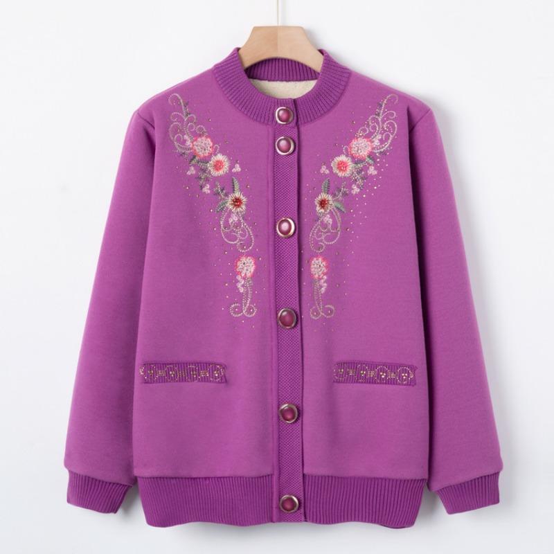 Middle-aged and Old Autumn and Winter Embroidered Sweater Grandma Fleece Thickened Knitted Sweater Jacket Year-old 0 Mother Autumn Top