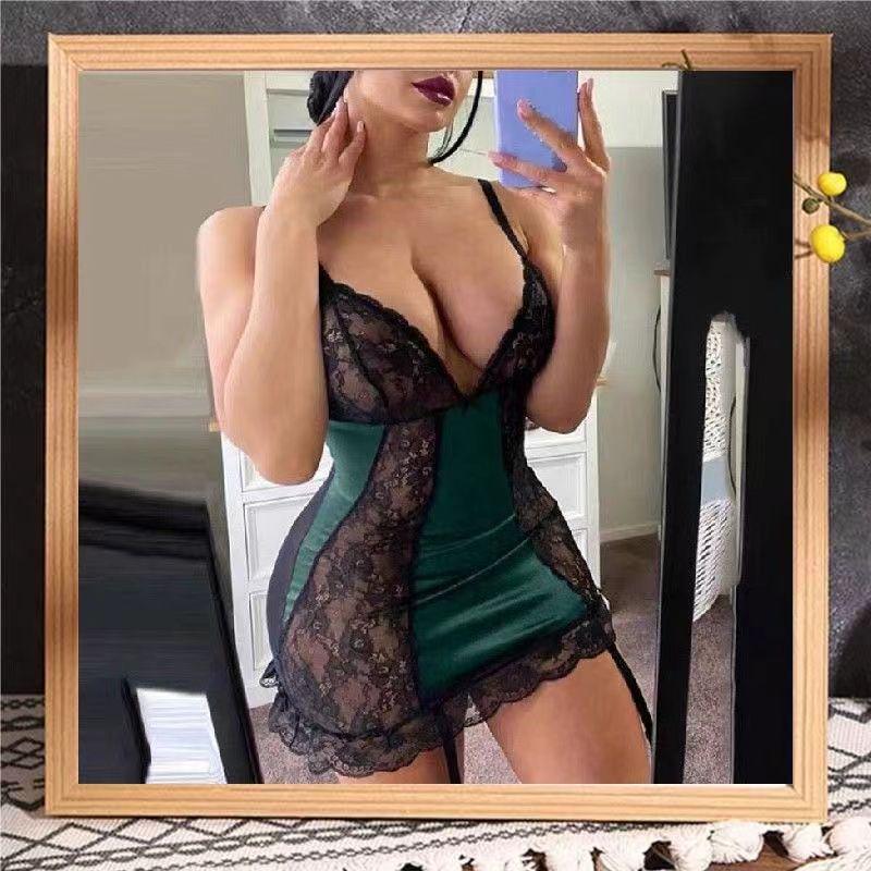 2024 Sexy Lace Mesh Cheongsam Nightgown Set – See-Through Spaghetti Strap Pajamas