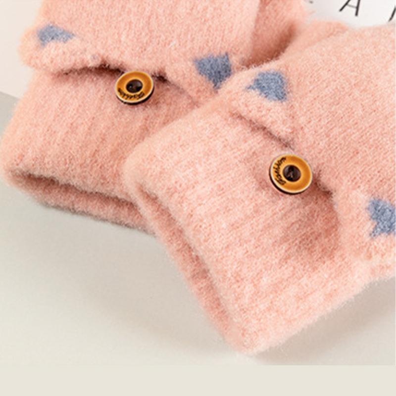 Handschuhe für Damen, Winter, süße Cartoon-Halbfinger-Flip-up-warme Student-Schreib-Strickhandschuhe