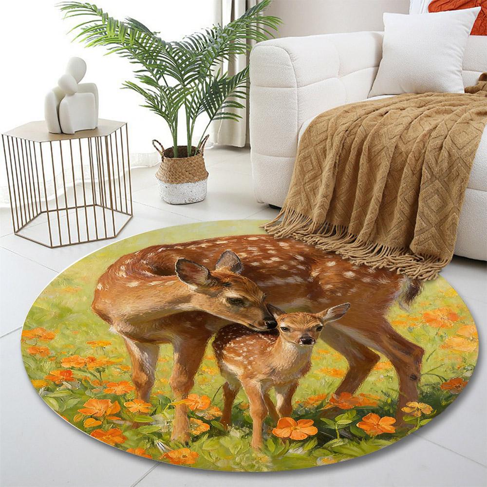 Plum Blossom Deer Pattern Printed Round Rug, Living Room, Bedroom, Game Room Carpet, Non-slip Mat, Gift