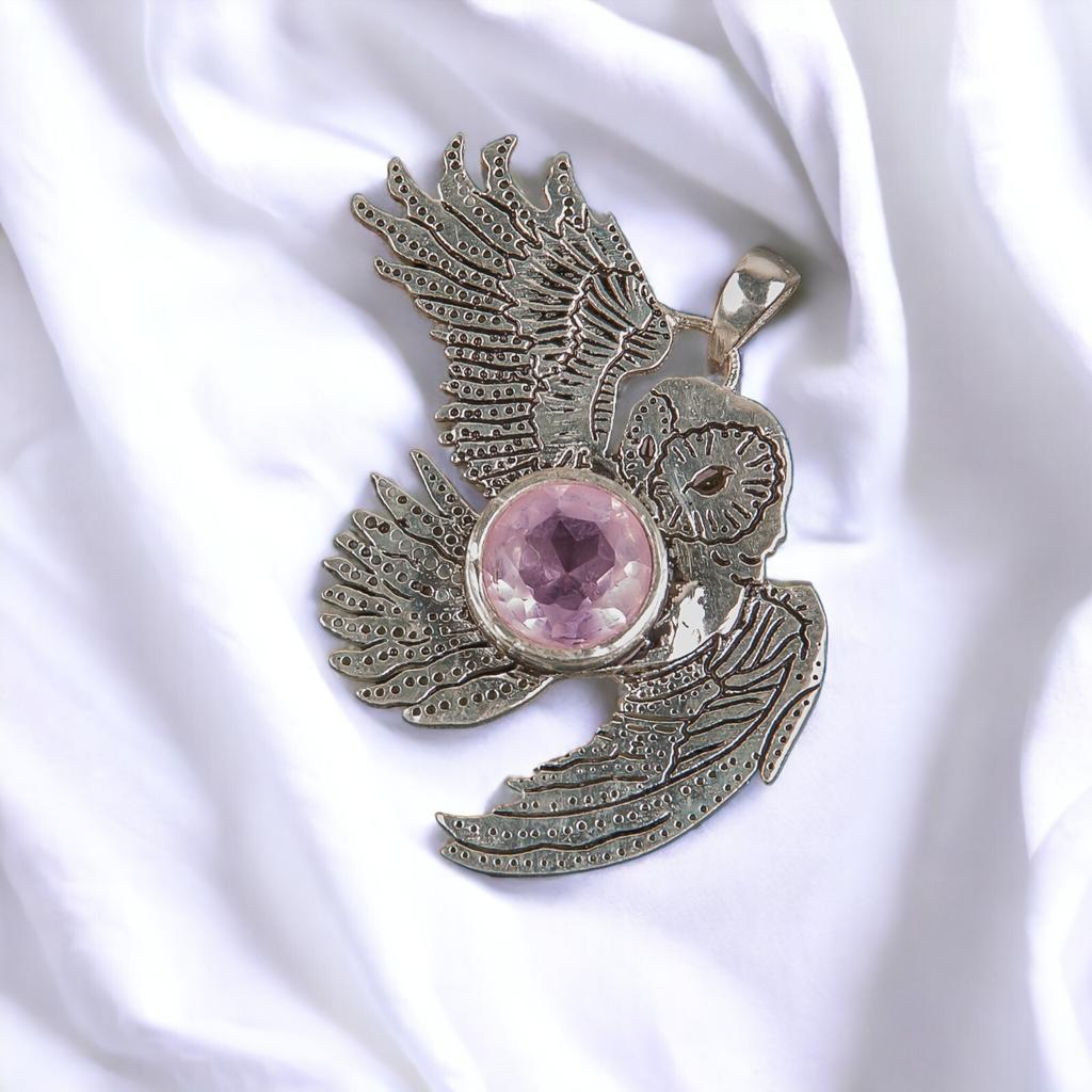 925 Sterling Silver Multi Gemstone Owl Designer Good Luck Jewelry Pendant 1.3" CP-16