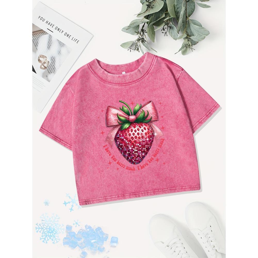 Summer Cotton Crop Tops Womens I Love You Very Much, Strawberry Prints Washed T-Shirt Regular Fit Tees Y2K Clothes