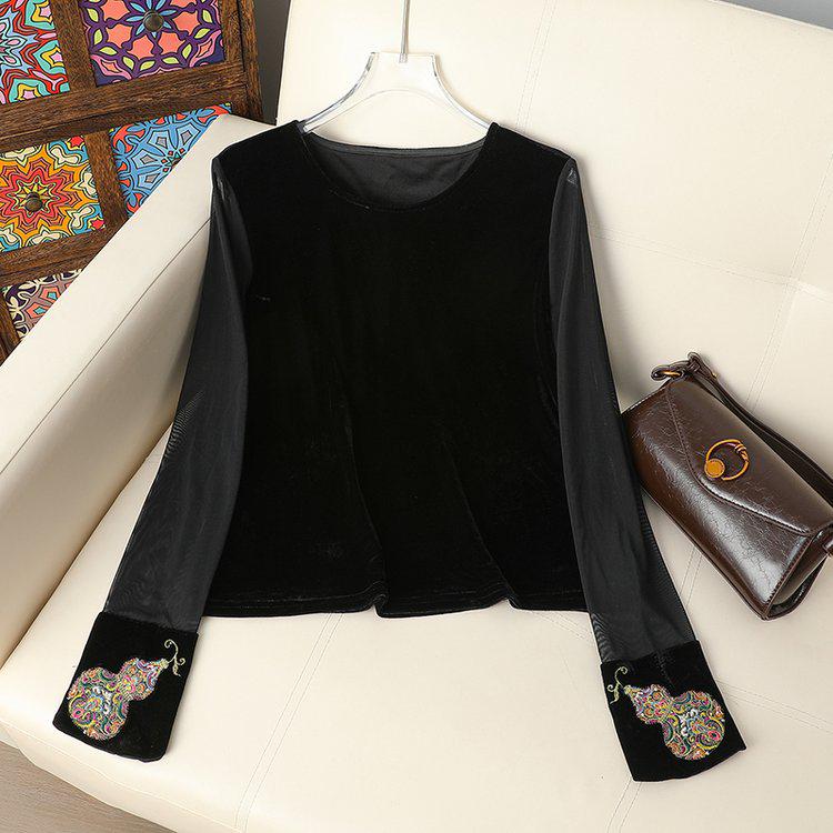 New Chinese Embroidered Long Sleeve Women's T-shirt - Black Velvet, Autumn/Winter Style