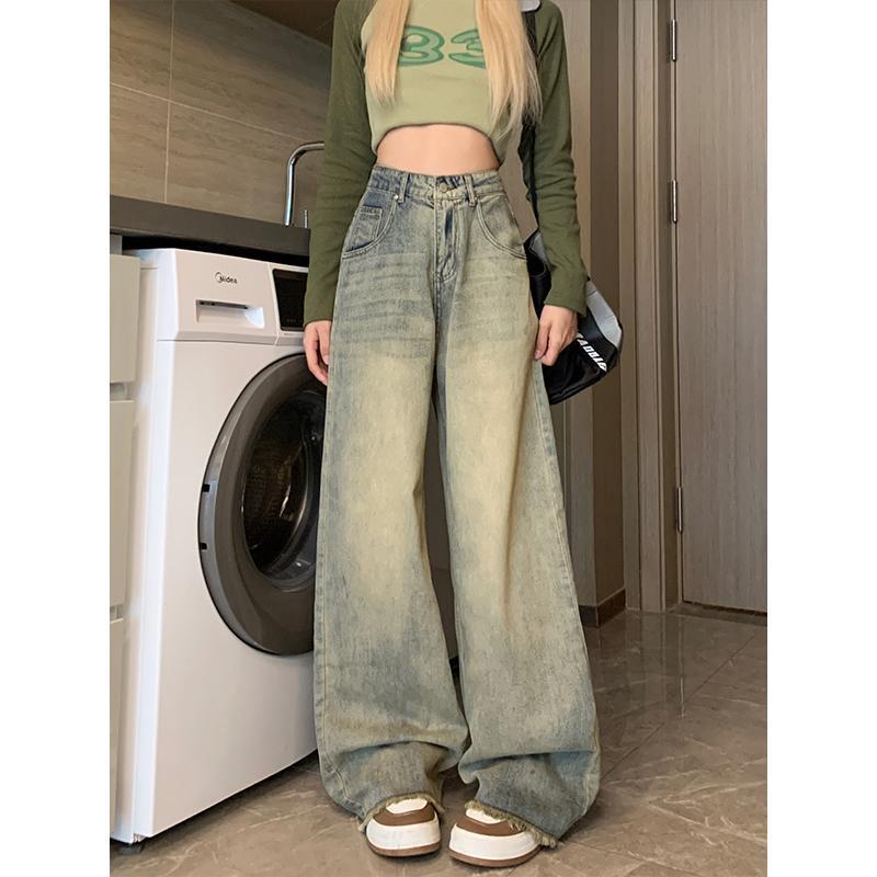 

Женские джинсы широкого кроя с высокой талией в ретро-американском стиле с потертостями — маленький размер, свободный прямой крой, необработанный край, идеальный вариант для осени. S