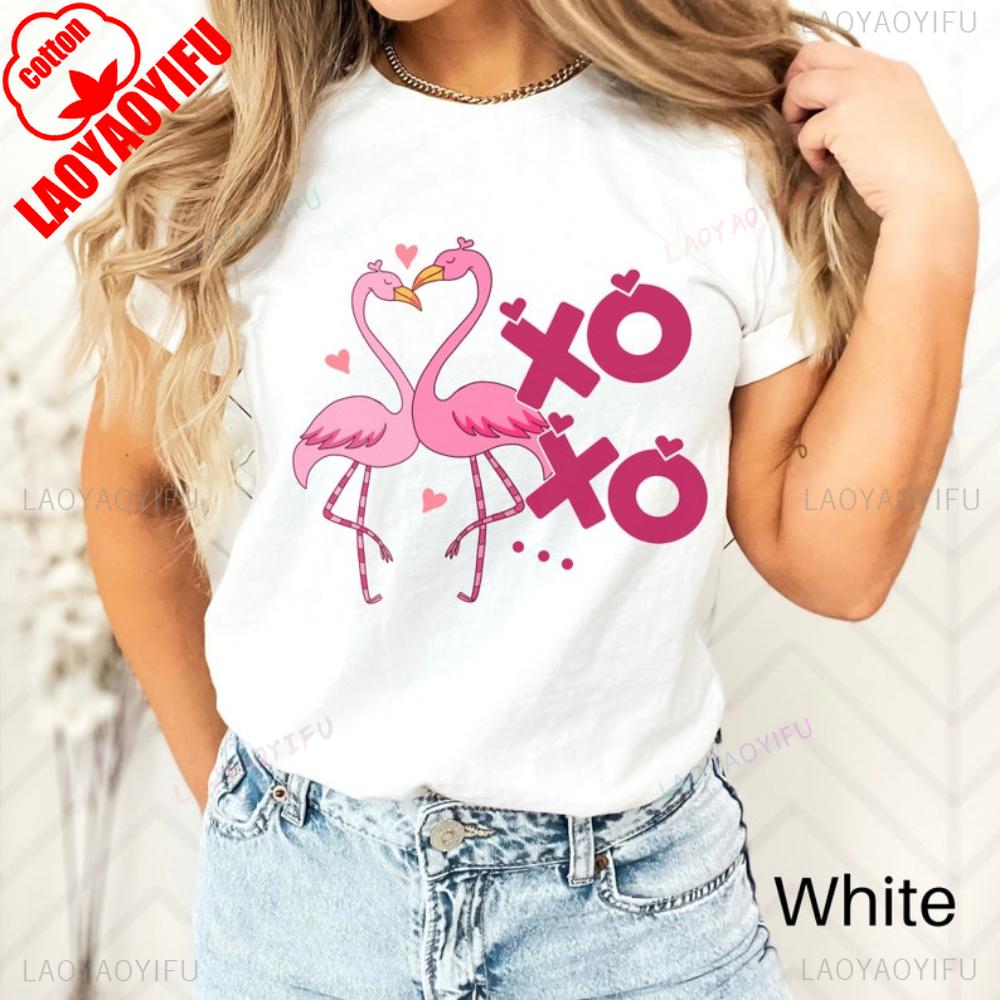 

Футболка с фламинго на День святого Валентина, футболка на День святого Валентина, футболка с коротким рукавом, с круглым вырезом, обычного кроя, толстовка для повседневной носки, одежда для пары 4XL