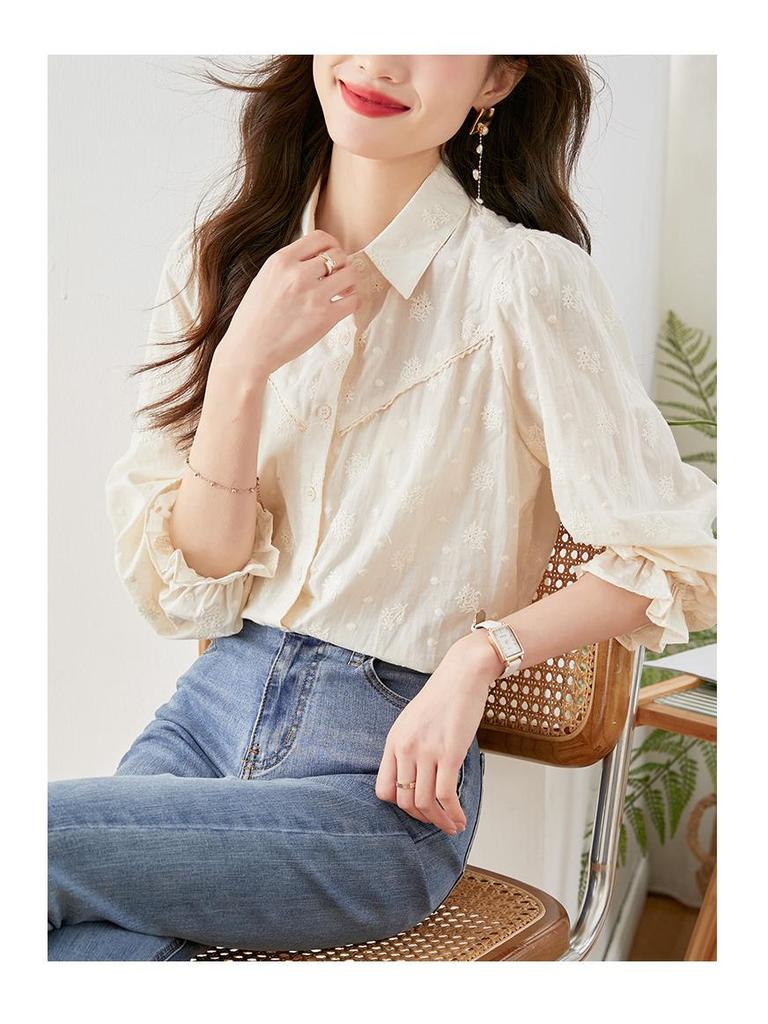 Women's Long Sleeve Pure Cotton Embroidered White Shirt - 2025 Spring Collection