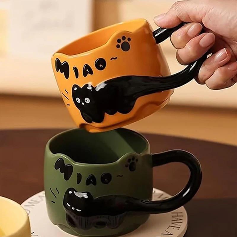 Üst Üste Konulabilen Kedi Kupası Kahve Çay Fincanı Sevimli Karikatür Tasarım Üst Üste Koyulabilir Yaratıcı Sevimli Seramik Günlük Ev Kullanımı İçin Eğlenceli Hediye Kupa