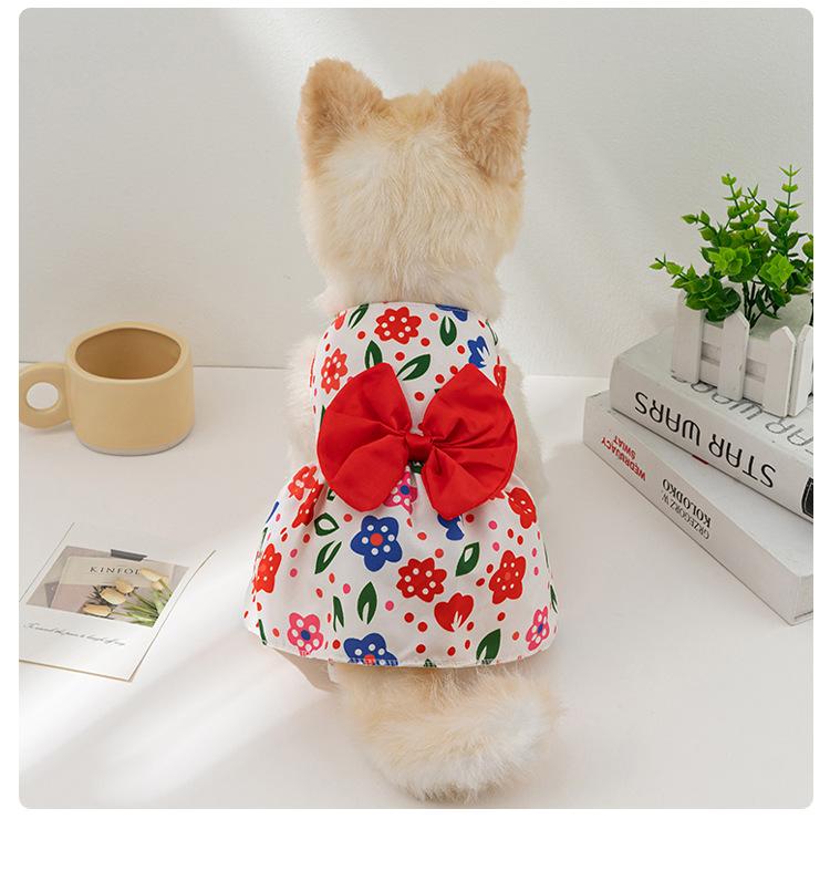 Dog Princess Dress Print Summer with Bowknot Button Sweet Cute Puppy Cat Skirt Thin Pets Wedding Party Chihuahua Clothes