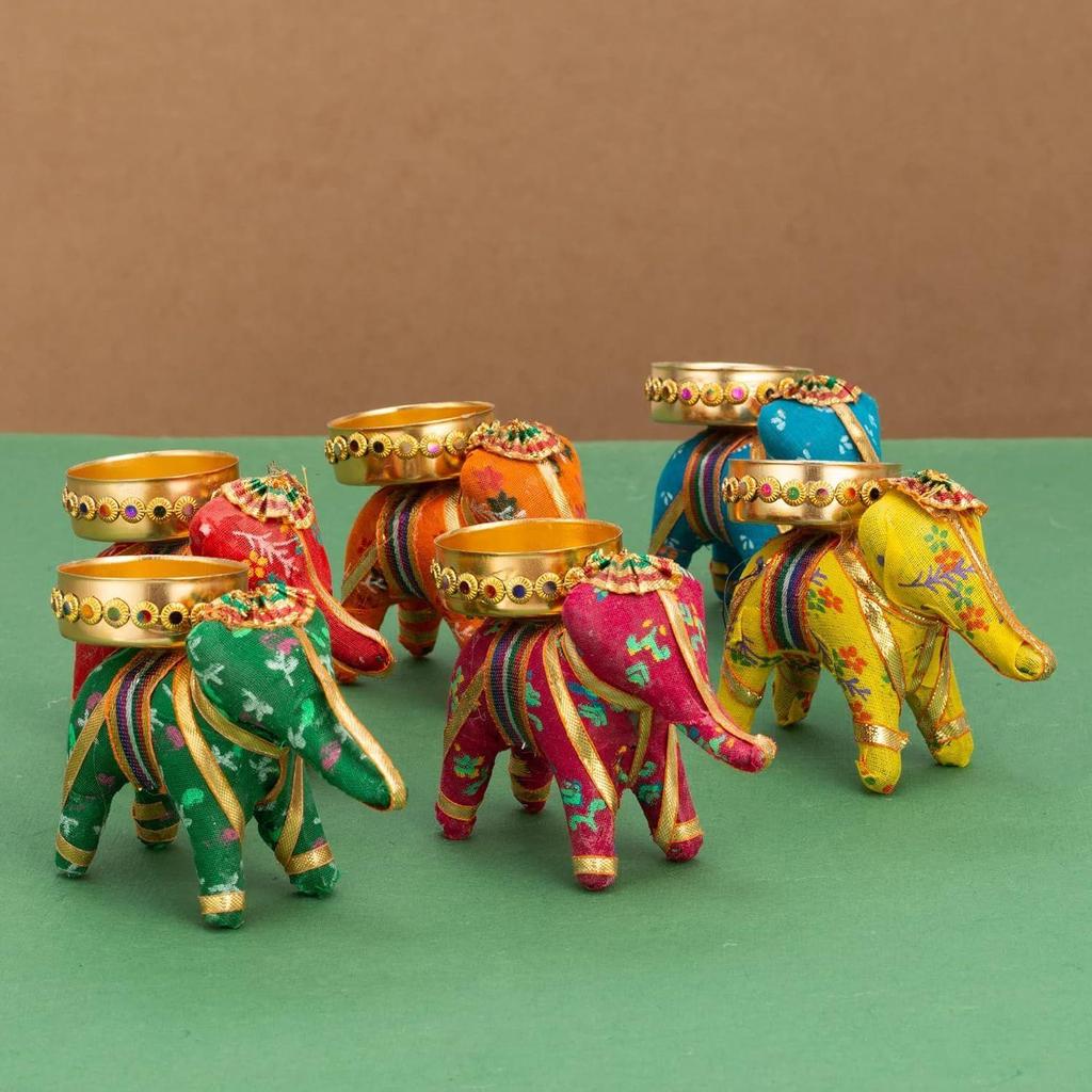 Handcrafted Recycled Material Elephant Tealight Candle Holder Home Decoration Item for Diwali (Multicolor, 8 X 5 X 10 Cm) - Pack of 6, Ironc
