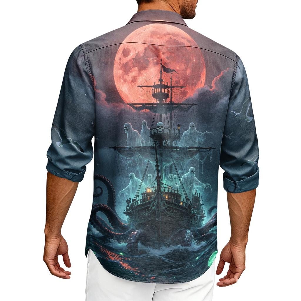 Men's Long Sleeve Cardigan with Halloween Print Casual Top