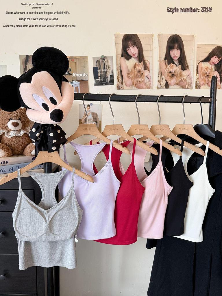 Women's Early Autumn Cutout Shoulder Sleeveless Camisole with Integrated Cups and Chest Pad - New Hot Girl Style