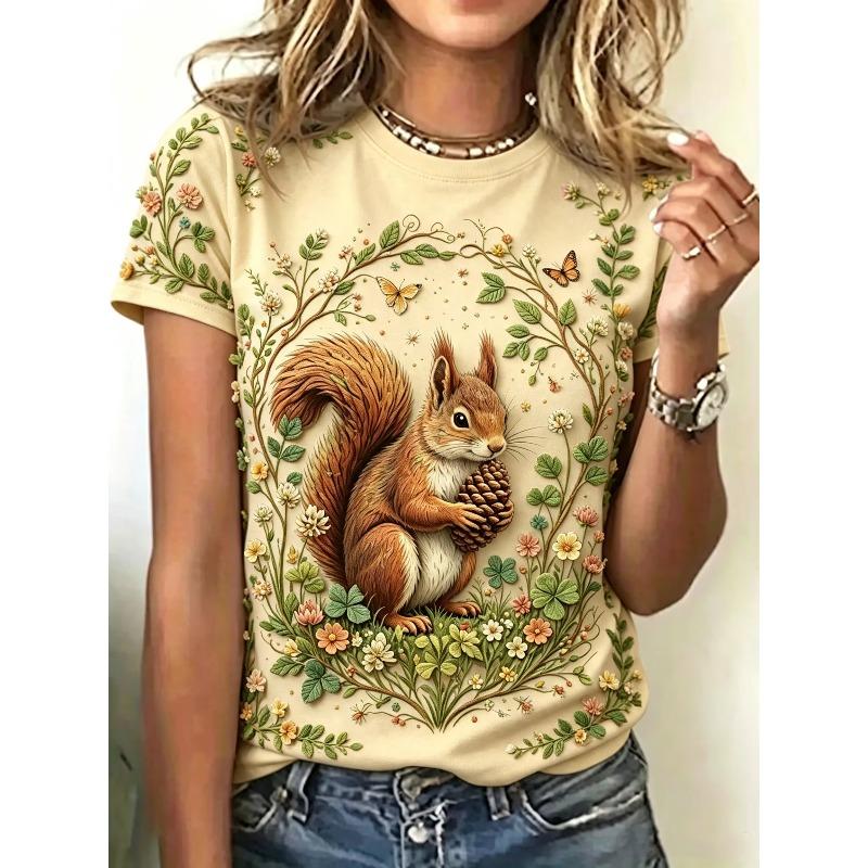 Summer Ladies Squirrel 3D Printed Crew Neck T-Shirt