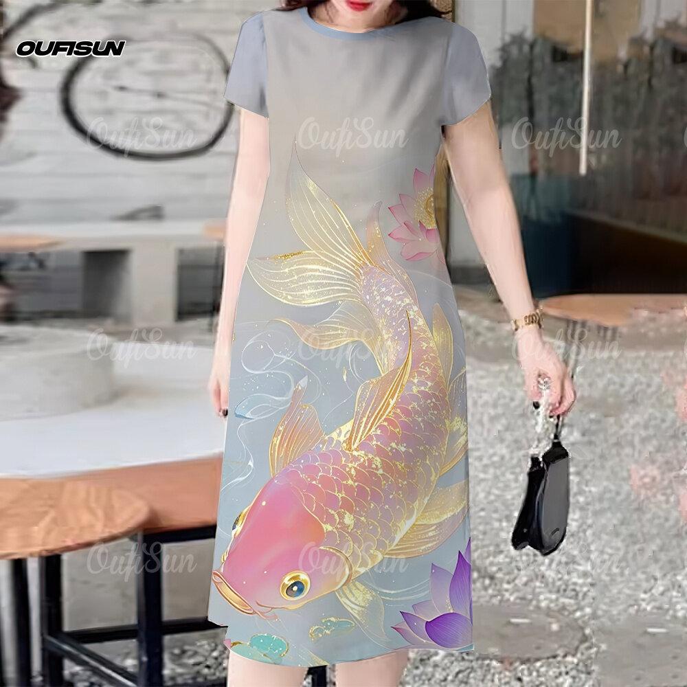 

New Round Neck Short-sleeved Dress, Women s Chinese-style Clothing, Fashionable and Versatile Popular Midi Plus Size Dress S