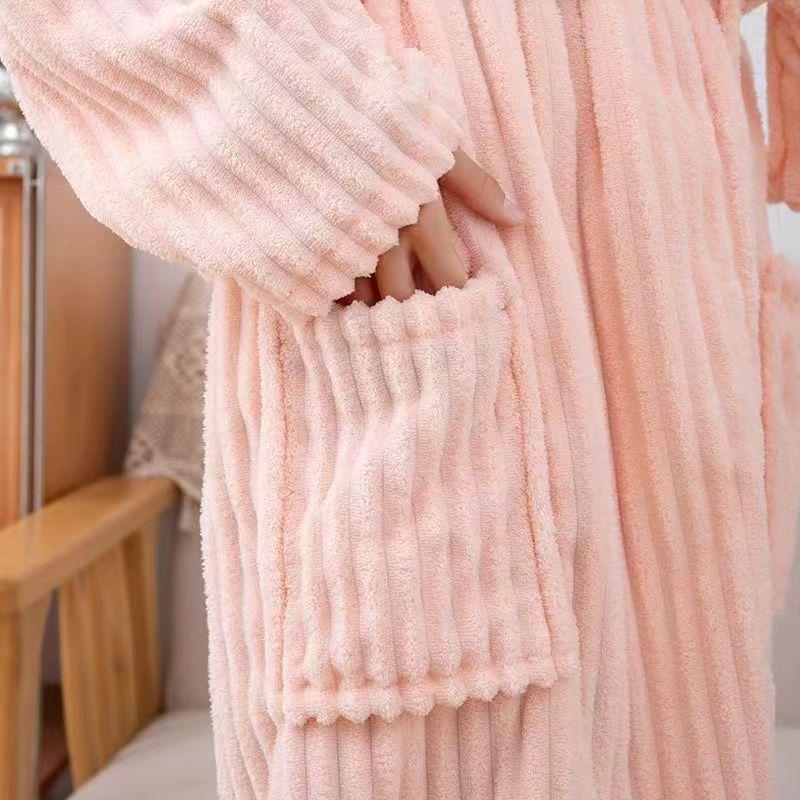 Candy Stripe Coral Fleece Hooded Bathrobe: Quick-Dry, Breathable, Skin-Friendly, and Warm.