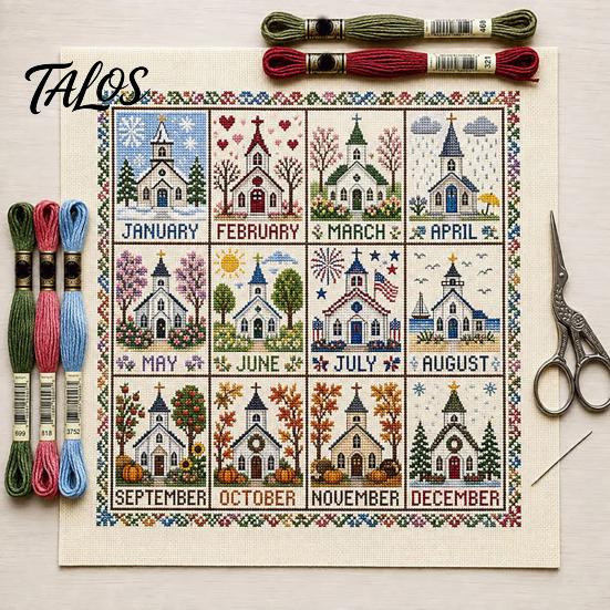 Twelve Month Decorative Wall Art 12-Month Cross Stitch Kit, DIY Four Seasons Embroidery Seasonal Monthly Kit Stamped Stitching Craft Set for