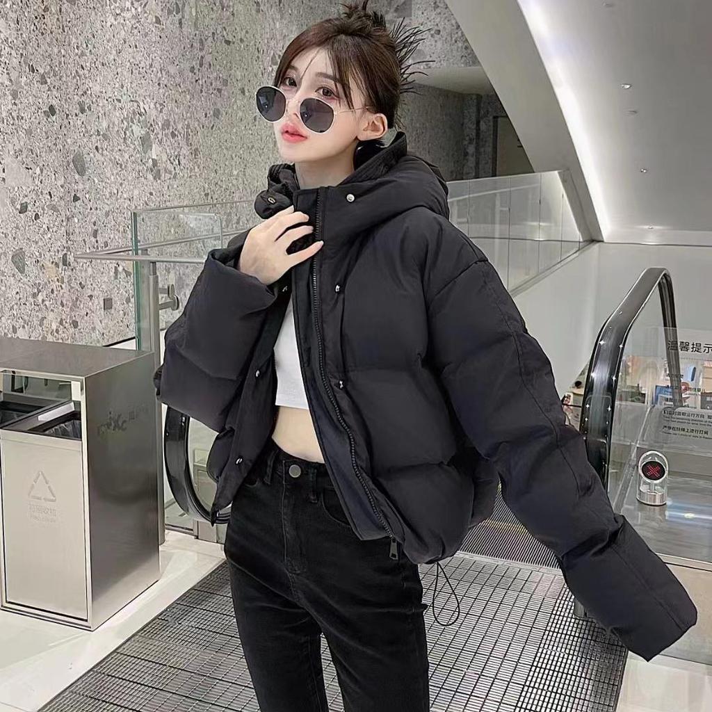 Women's Short Light Down Jacket Autumn Winter Hooded Single Breasted Loose White Duck Down Coat Pocket Stand Collar Solid Color