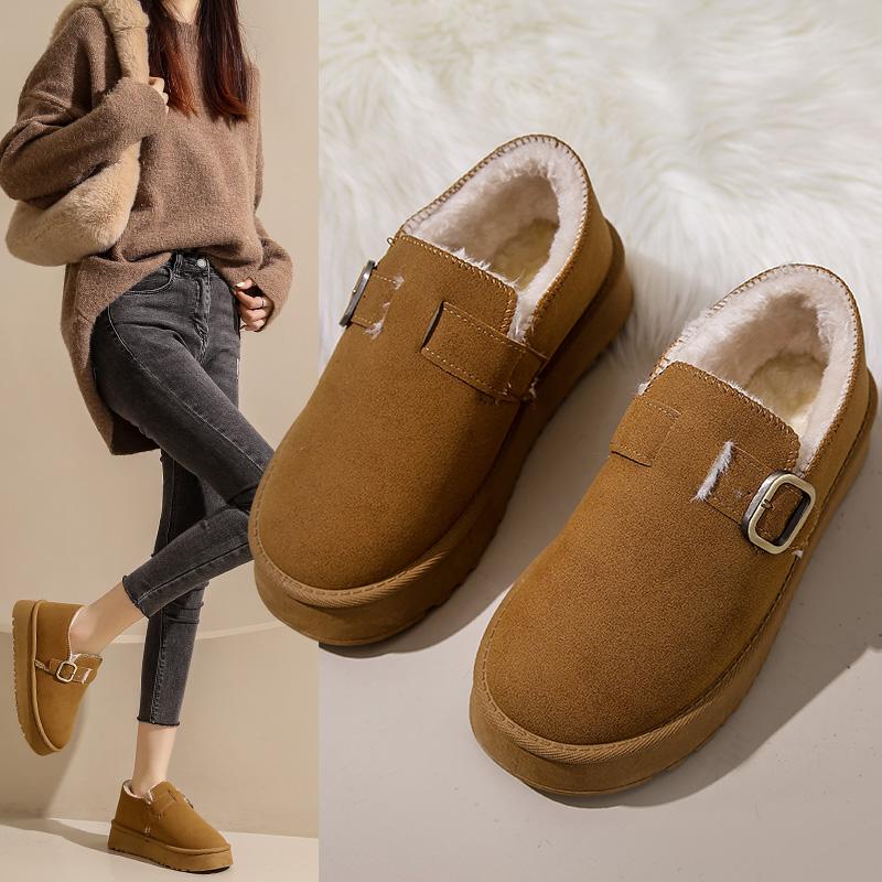 Fashion Women Suede Mules Platform Flats Boston 2024 Fashion Retro Outdoor Snow Boot Winter New Comfort House Shoe Plush Thick Cotton