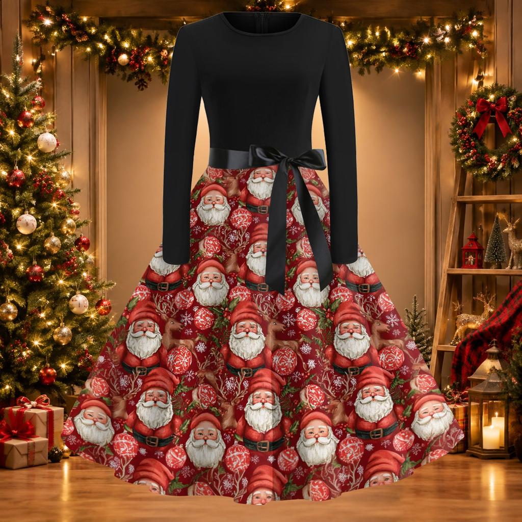 Women's Casual Fashion Christmas Print Round Neck Vintage Dress for Holiday Parties