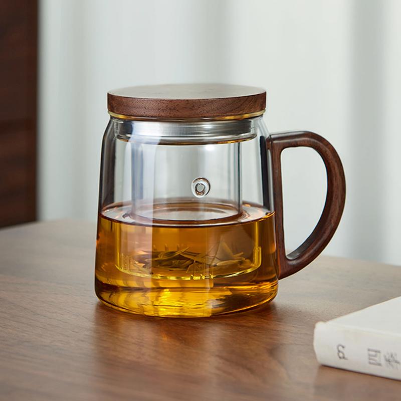 Tea Water Separation Glass Tea Cup With Walnut Wooden Handle Chinese Heat Resistant Puer Filter Cups Kung Fu Tea Cup Set
