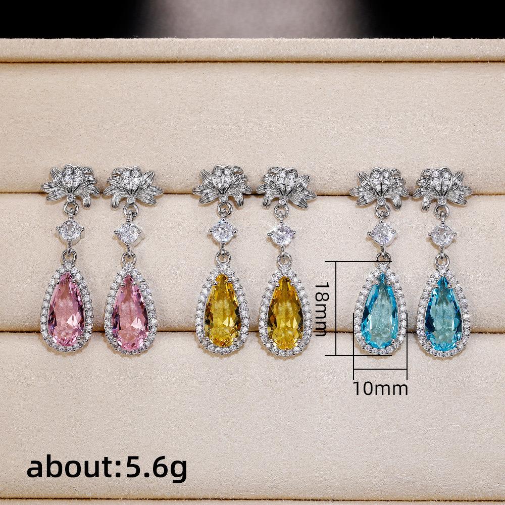 Internet Celebrity Long Water Drop Pear-Shaped Flower Earrings, Simulated Yellow Diamond Topaz Pink Diamond Earrings