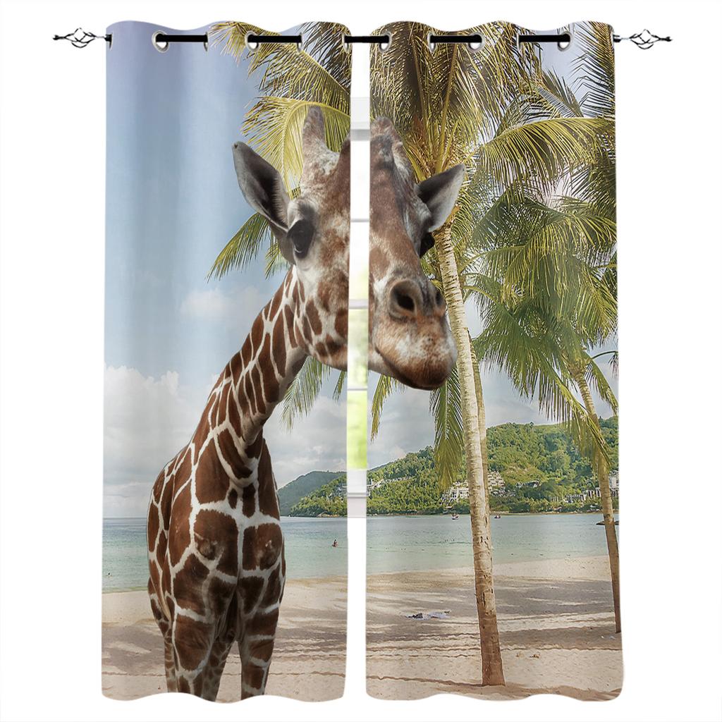 Fun Giraffe Animal White Blackout Curtains For Living Room Bedroom Window Treatment Blinds Drapes Kitchen Curtains