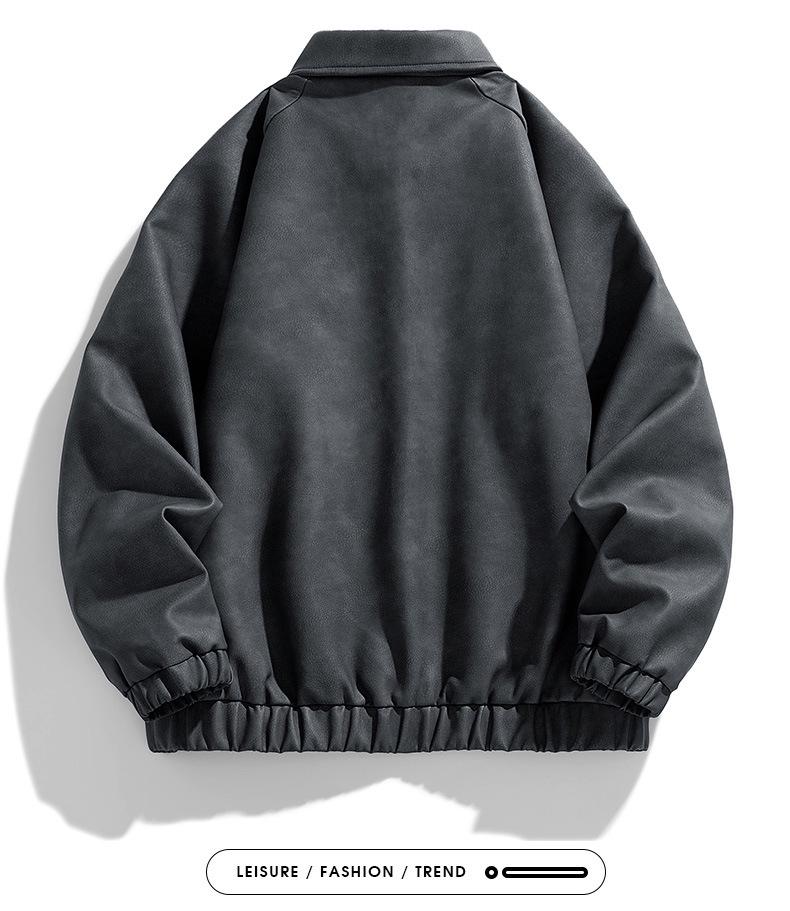 Men's Plus Size PU Leather Jacket - Hong Kong Style Autumn/Winter, Lapel, Pure Color, Casual Couple Outerwear for Chubby Individuals