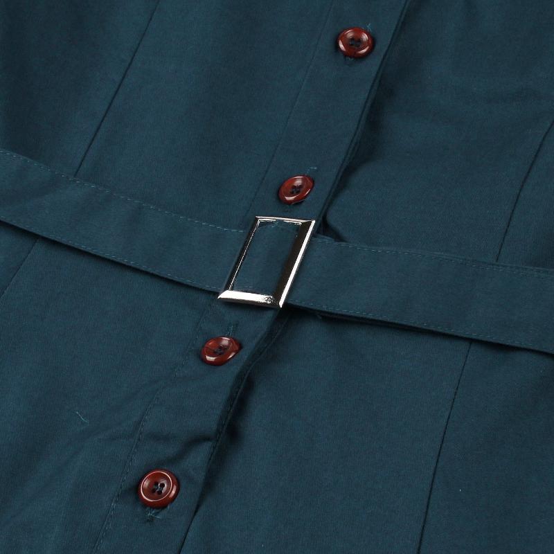 Women's Single-Breasted Wide-Skirted Retro-Style Waist-Cinched Solid-Colour Dress