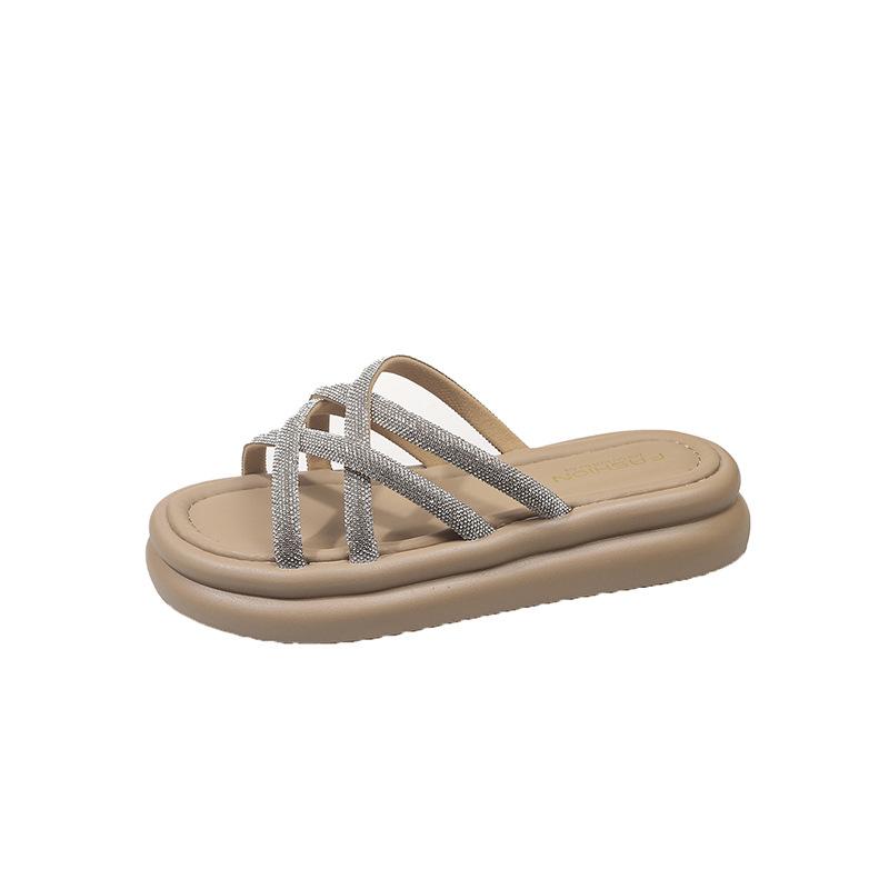 

Fairy wind thick bottom cross with beach cool slippers female 2025 summer Korean version new thin belt rhinestone slippers female 40 хакі