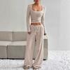 Women's Loose Fit Two Piece Outfit Set Long Sleeve Square Neck Crop Top Drawstring Waist Wide Leg Striped Tracksuit Loungewear