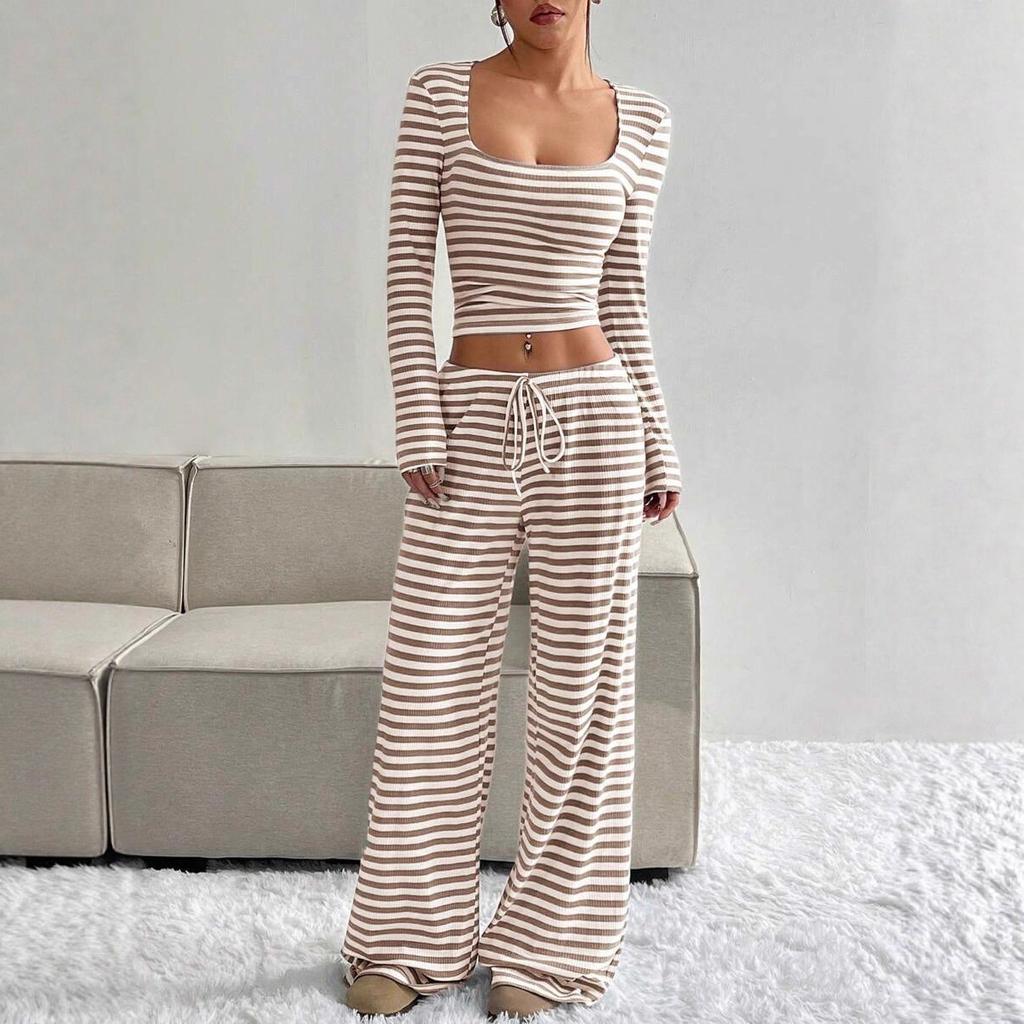 Women's Loose Fit Two Piece Outfit Set Long Sleeve Square Neck Crop Top Drawstring Waist Wide Leg Striped Tracksuit Loungewear
