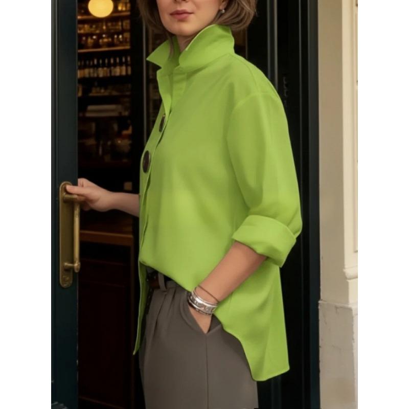 Solid Color Long Sleeve Polo Shirt With Metal Buttons For Summer