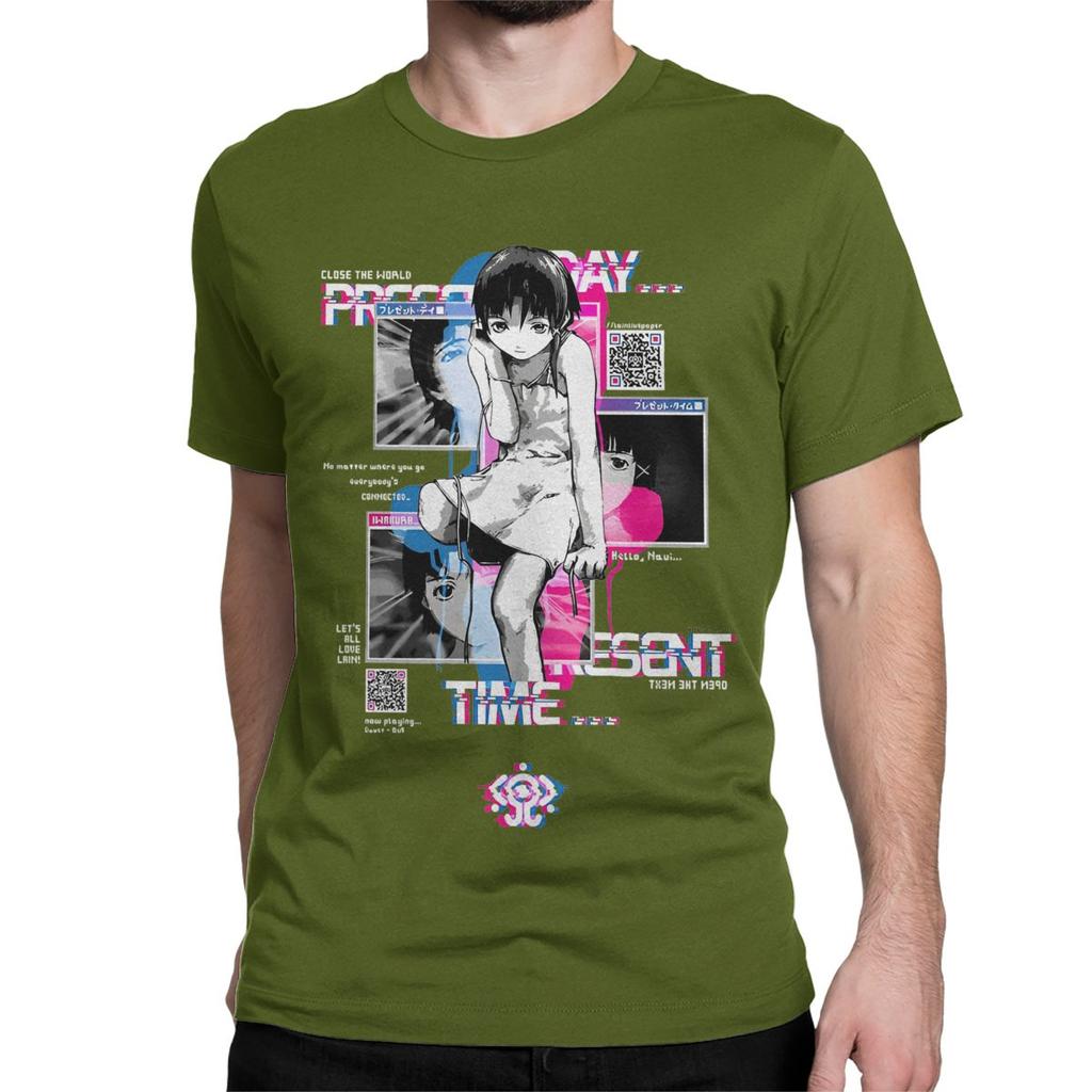 Men Women T-Shirts Glitchart Serial Experiments Lain Crazy Pure Cotton Tees Anime Lwakura Sci Fi Manga Clothing 4XL 5XL 6XL