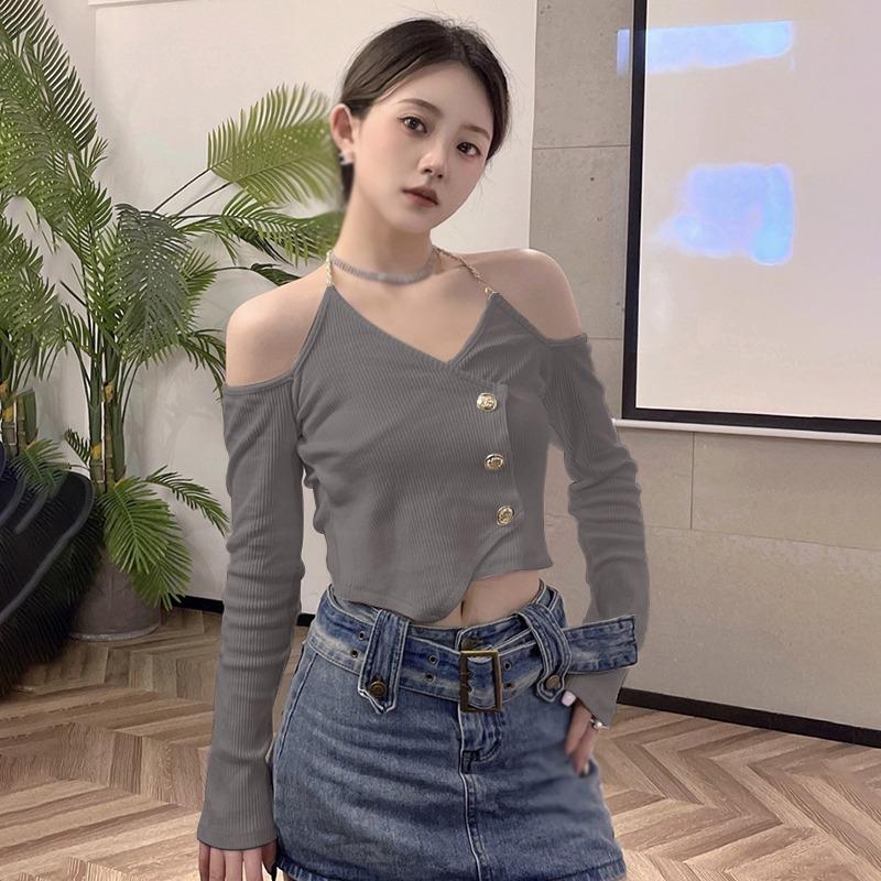 Women's Knitted Crop Top Chain Halter Solid Color Slim Top