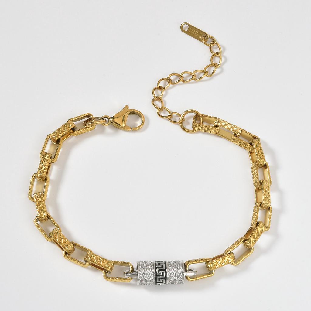 2026 Paper Pattern Black Gold Cylindrical Inlaid Zircon Square Splicing Bracelet, The Same Personality Bracelet for Men and Women