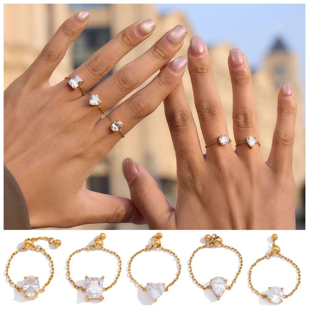 Exquisite Zirconia Chain Rings Minimalist Finger Jewelry Delicate Adjustable Chain Ring Party