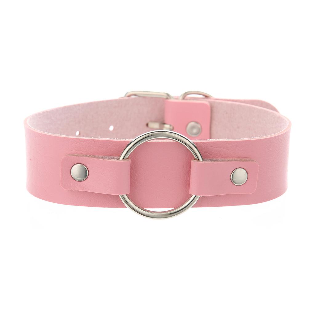 Unisex Round Ring PU Leather Choker, Harajuku Punk Adjustable Neck Collar