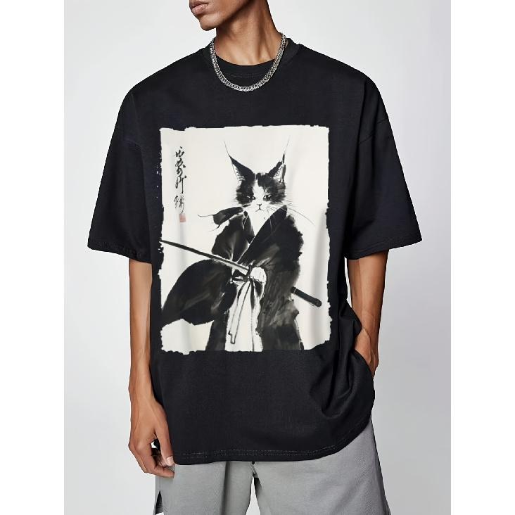Ink Wash Painting Cat Samurai Cotton Casual Short Sleeved T-shirts S