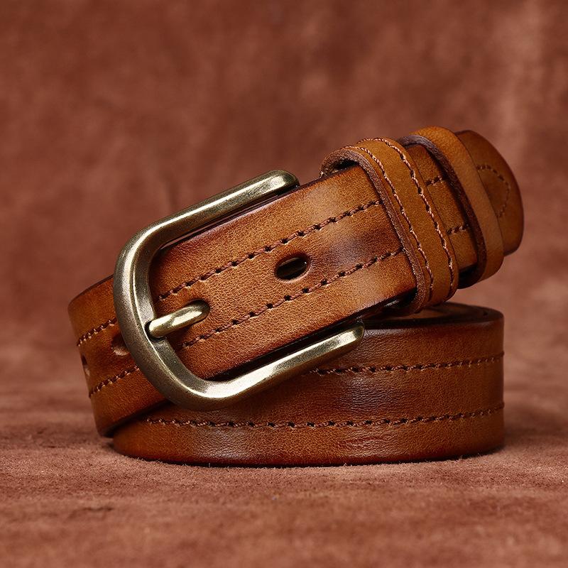 Men's Belt Retro Rub Colored Distressed Genuine Cattlehide Leather Surface Casual Denim Overalls Belt