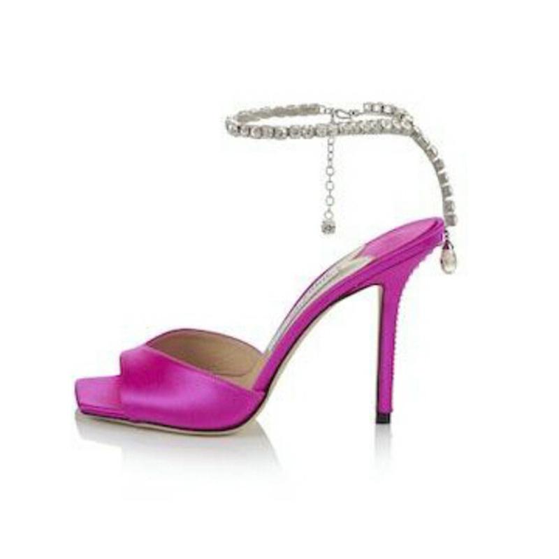 Fashion Colorful Chain Water Diamond Sandals Brand Walk Show Fish Mouth Evening Dress Elegant High Heels 2025 New Pendant Women's Shoes