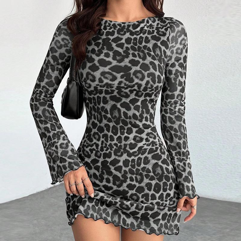 Wind new women's clothing round neck hip wrap short skirt leopard print wooden ear edge horn long sleeve wholesale sexy
