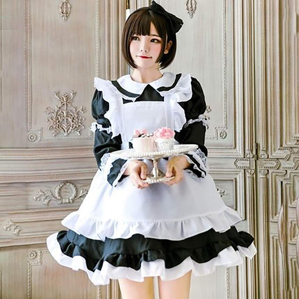 [Milky Time] Maid Outfit, Choice of Colors, Short or Long Sleeves, 2-Way Design, Maid Cosplay, Halloween (Black, Size XL)