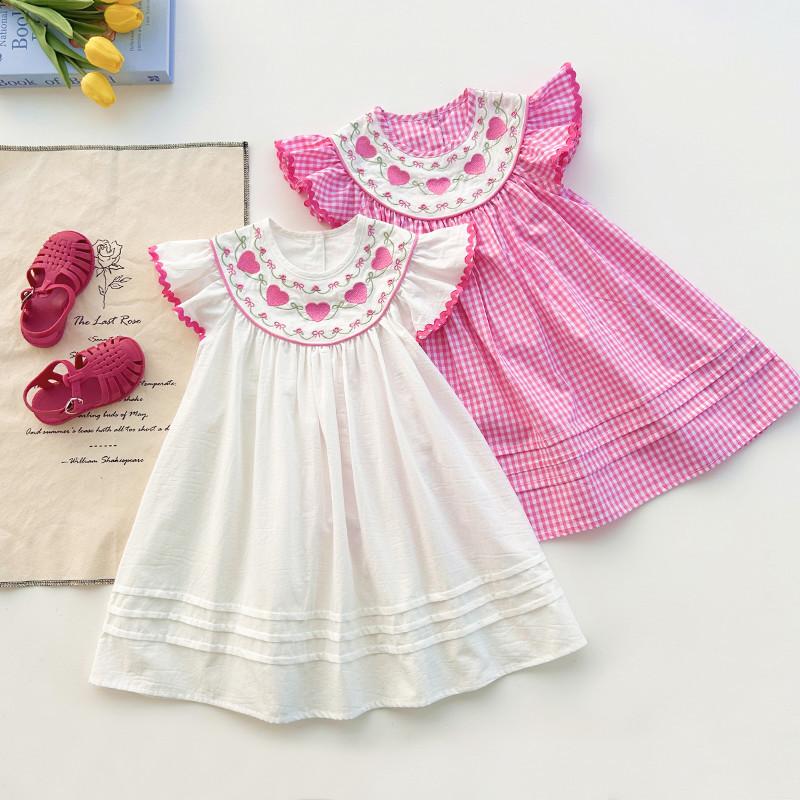 Girls Summer Plaid Dress With Heart Embroidery Flutter Sleeve Stylish Baby Girl Casual Outdoor Wear 90cm